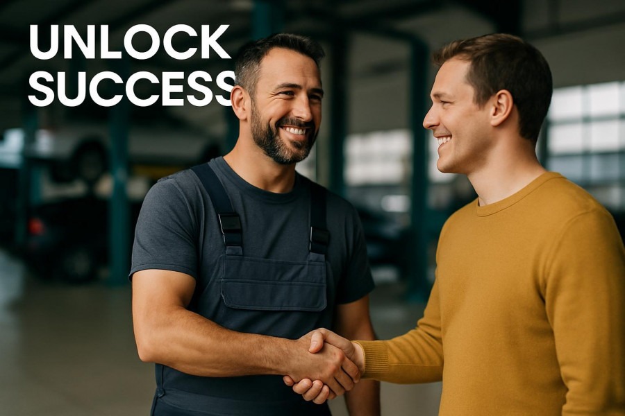 Confident auto shop owner celebrates customer loyalty with a handshake in a modern setting.
