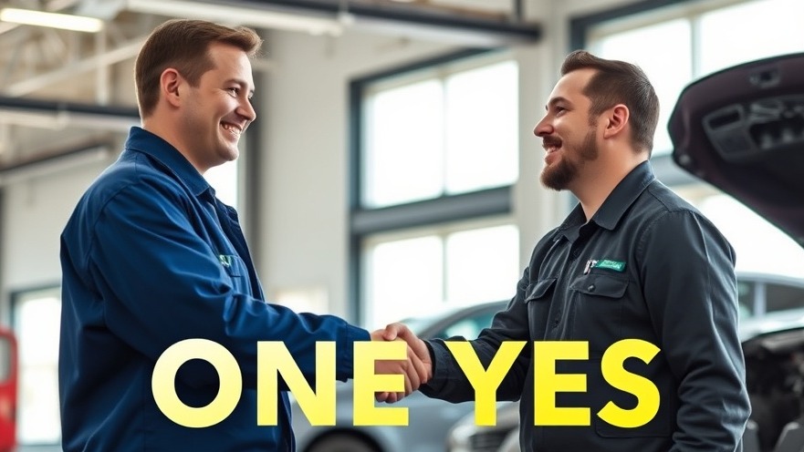 A smiling auto repair technician shaking hands with a satisfied customer in a modern garage, showcasing excellent customer service strategies.