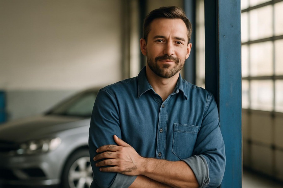 Confident auto shop owner with slight smile, showcasing auto repair management pride.
