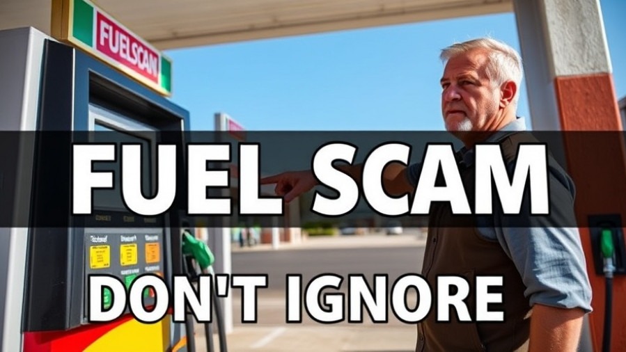 Man warning about fuel scams at a gas station with vibrant colors and dynamic text.