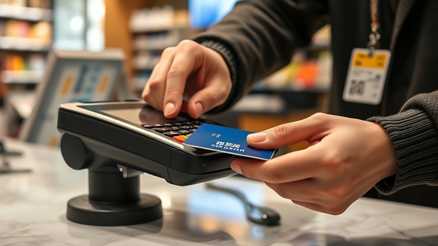 Close-up of hands using a credit card at a retail counter, showcasing automotive repair customer satisfaction.