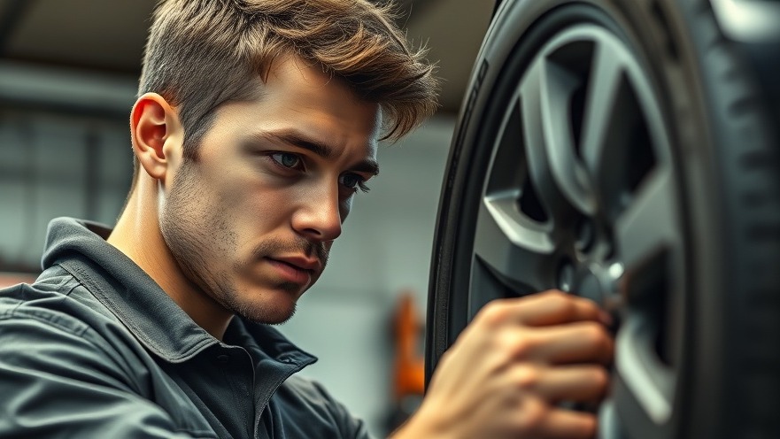 Mechanic conducting vehicle diagnostics for car humming noise during wheel bearing inspection.