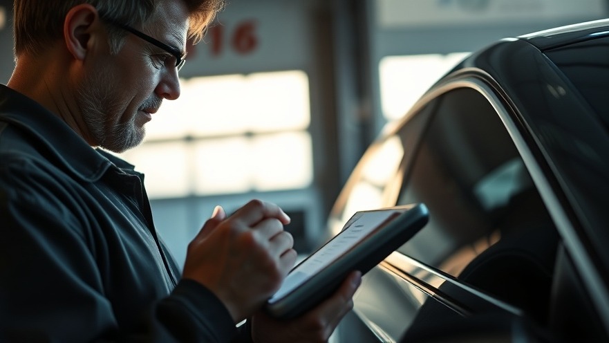 Concerned car owner analyzing a digital report, showcasing AI technology in automotive.