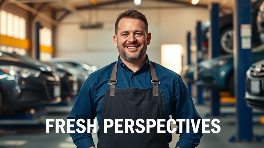 Confident auto shop owner using innovative tools, smiling in a sunlit garage.