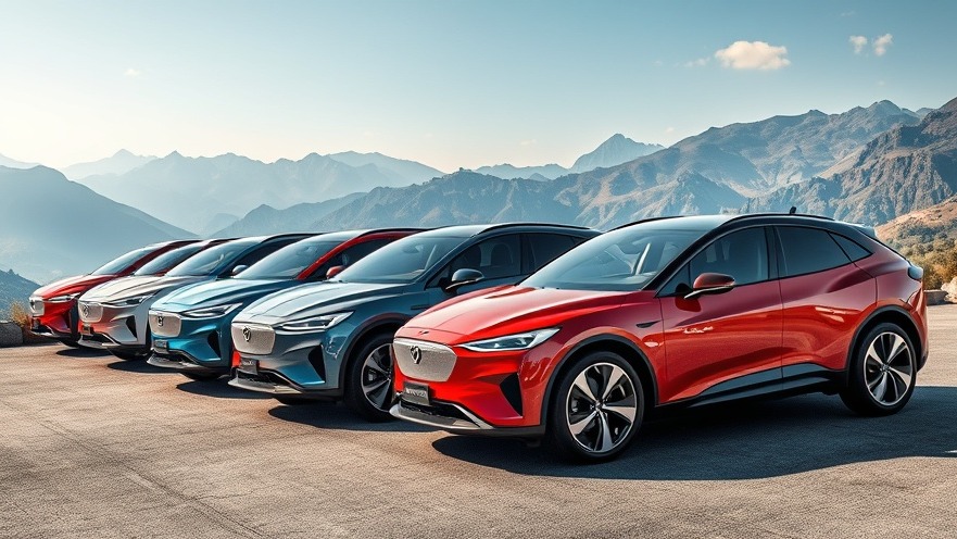 Futuristic Chinese electric vehicles showcasing affordable EV options against a mountainous backdrop.