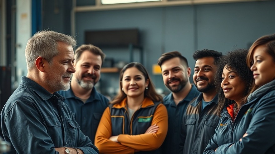 Confident auto repair manager fosters emotional awareness for effective leadership in diverse team.