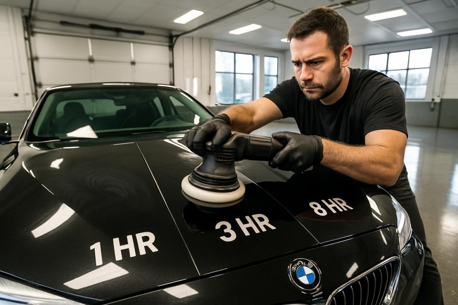Detailed black car hood showing '1 HR', '3 HR', '8 HR' for car detailing time.