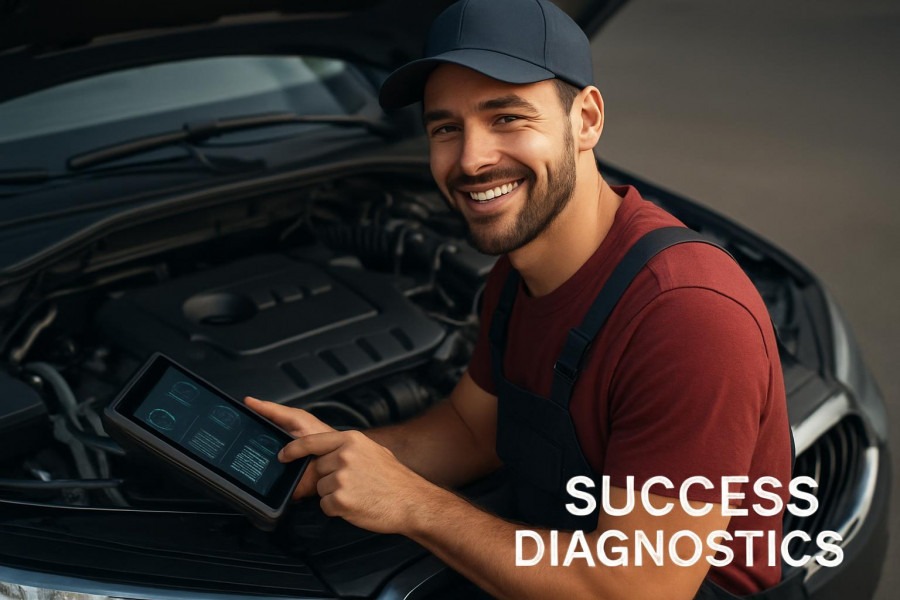 Confident auto technician using a diagnostic tablet for diagnostics in auto repair.