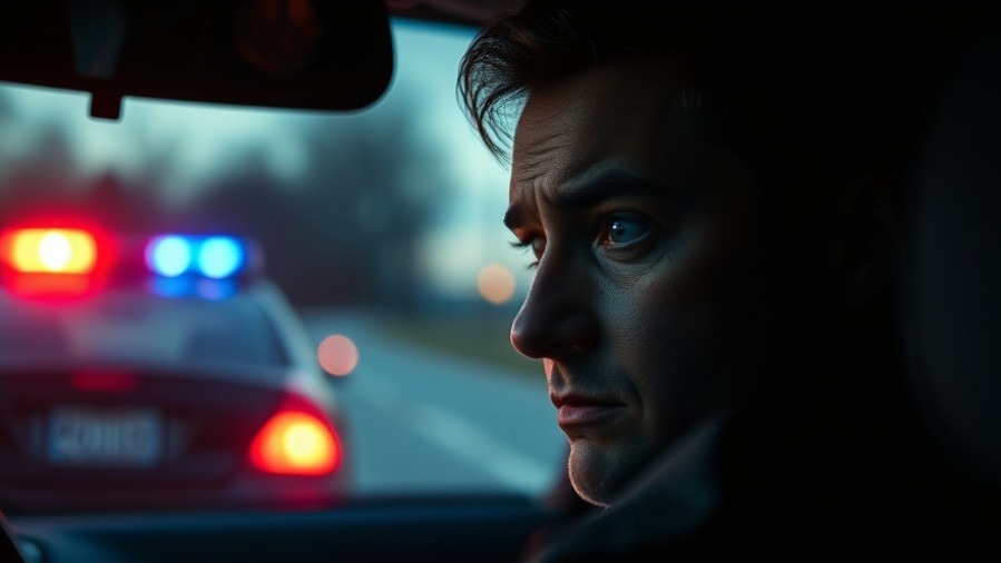 Driver worried about banned car modifications reflected in rearview mirror.