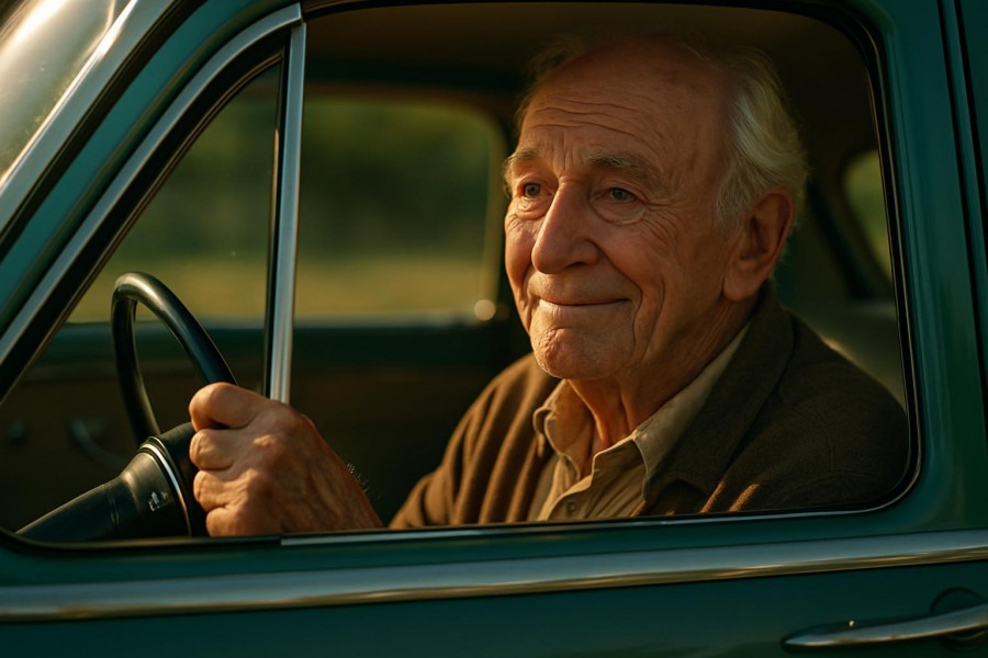 Elderly man smiling in a classic Buick, embodying car culture and nostalgia.