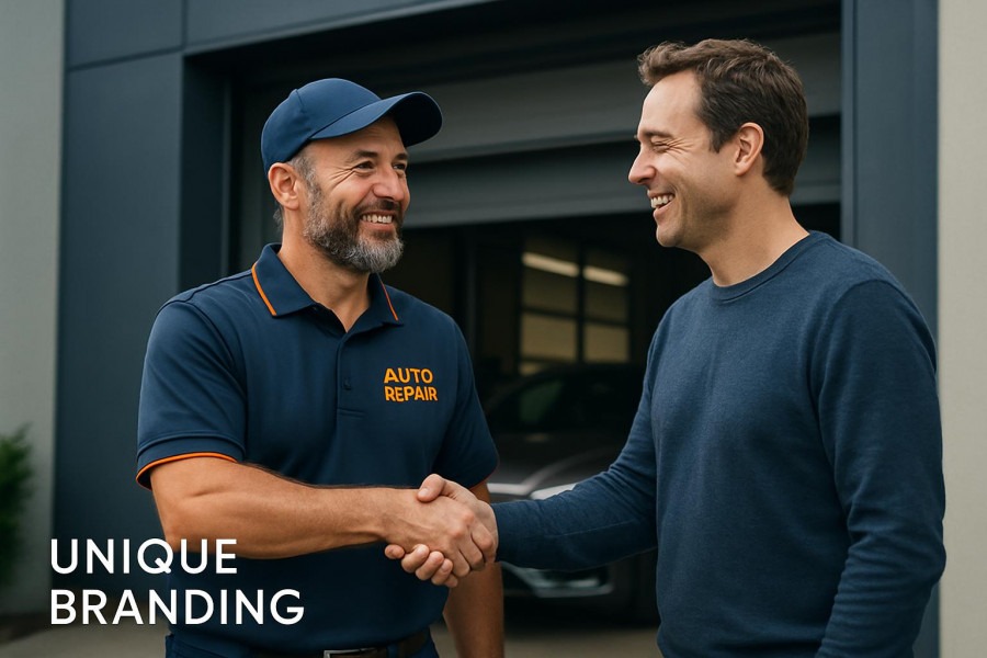 Confident auto shop owner and loyal customer shake hands, showcasing innovative branding strategies.