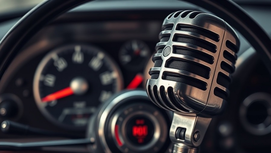 Retro microphone in dimly lit car dashboard focuses on data analytics for automotive repair.