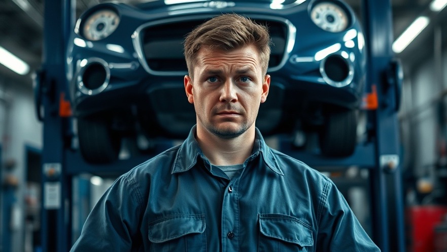 Mechanic contemplating auto repair business strategy by car lift in workshop.