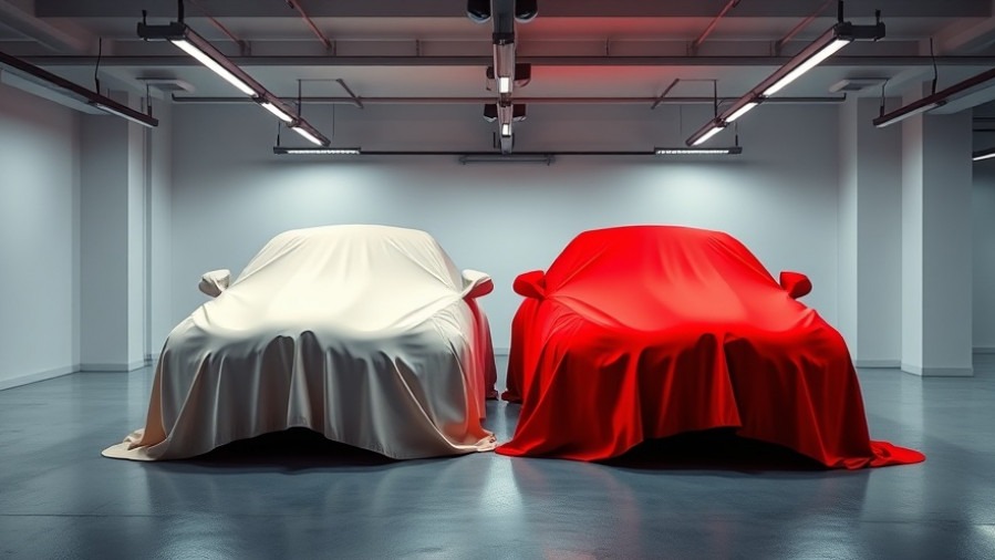 Mysterious garage with covers on reliable budget-friendly cars, vibrant red and white.