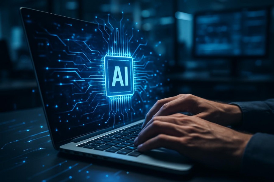 Futuristic AI integration in auto repair, hands on laptop with glowing hologram