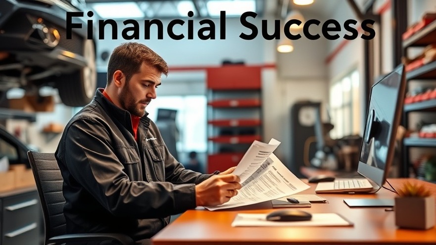 Mechanic reviews financial documents in a well-organized auto repair office for financial housekeeping.