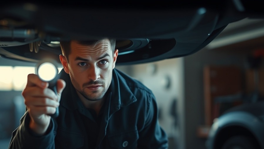 Car enthusiast diagnosing suspension noise, focused under vehicle with flashlight.
