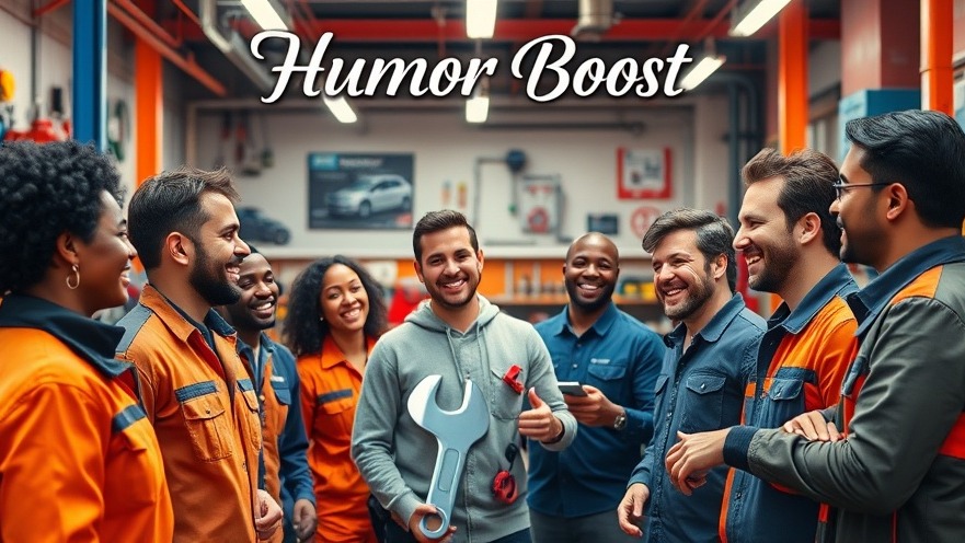 Diverse auto repair team boosts customer loyalty with humor in a vibrant workshop.