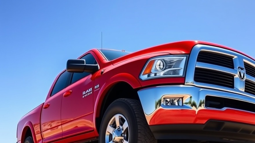 Lifelike bright red Dodge Ram full-size truck against a clear blue sky, showcasing 2026 reliability.