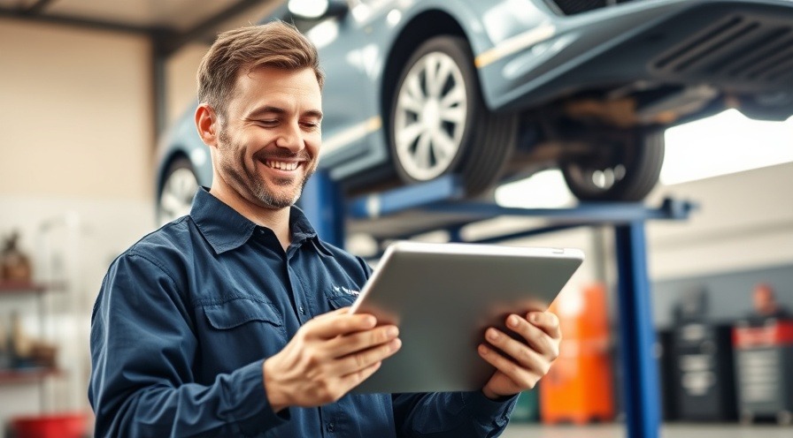 Cheerful auto mechanic using a tablet for metrics tracking in an auto shop.