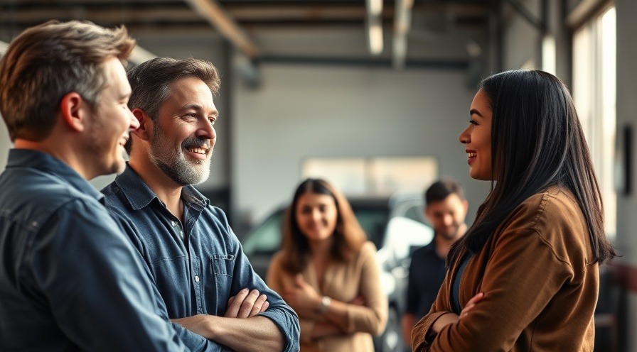 Confident auto repair shop owner engages customers, showcasing feedback for service improvement.