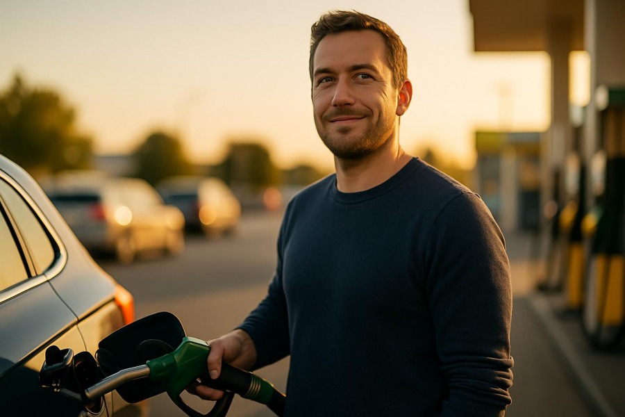 Confident driver fueling up with automobile maintenance tips in mind, warm golden hour light.