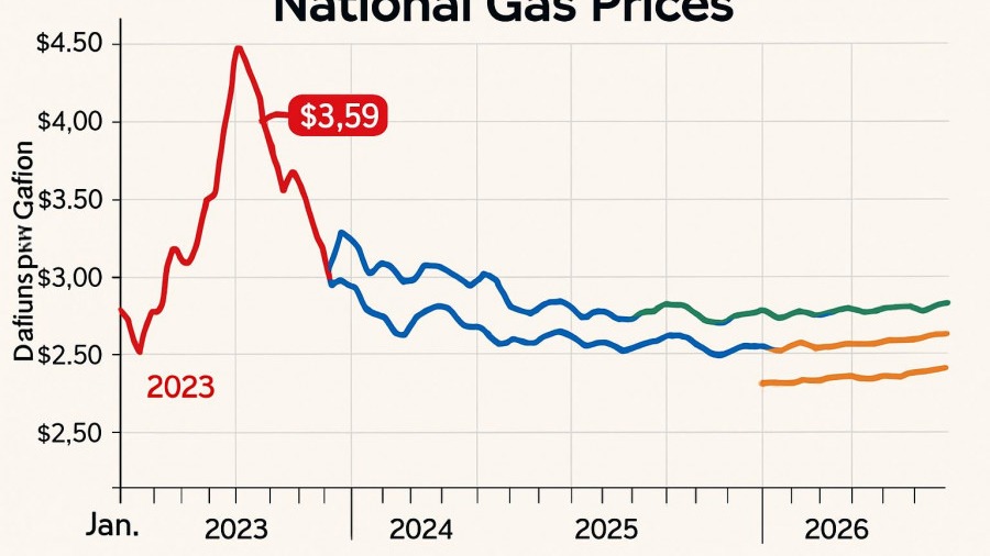Line graph illustrating gasoline demand increase and crude oil prices from 2023 to 2026.