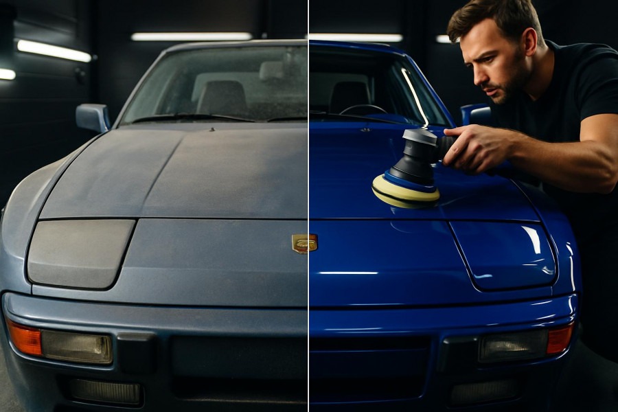 Classic car restoration of a vintage Porsche 944 with dramatic before and after detailing.