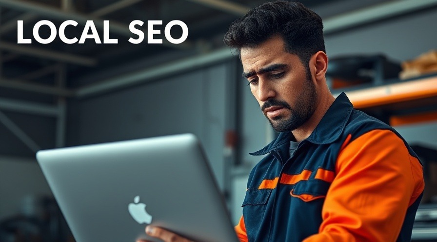 Frustrated auto mechanic analyzes laptop for Google My Business local SEO strategy.