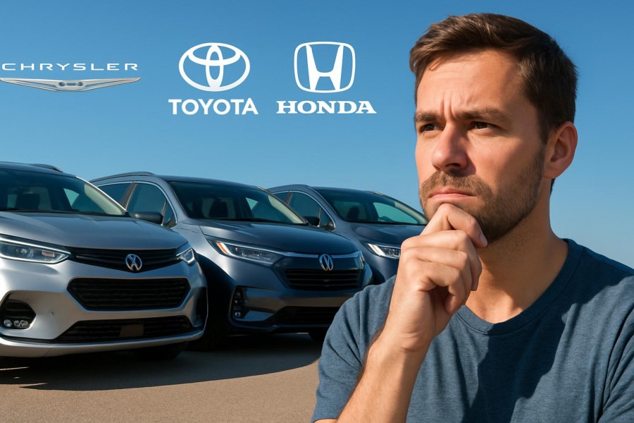 2027 Chrysler Pacifica review with Toyota Sienna, Honda Odyssey, and Kia Carnival logos.