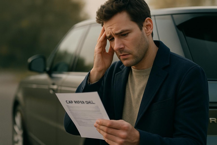 Worried driver examining car repair bill next to luxury Range Rover, exploring luxury car problems.
