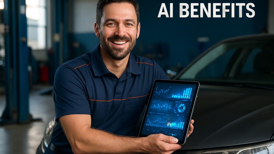 Confident auto shop owner embracing artificial intelligence in automotive, showcasing glowing data on a tablet.