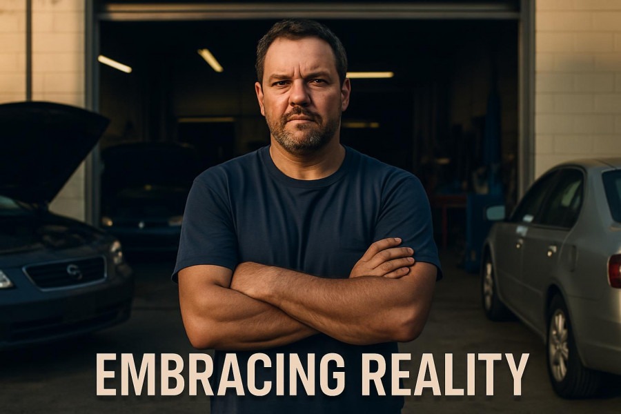 Confident auto repair shop owner embracing reality and overcoming business challenges.