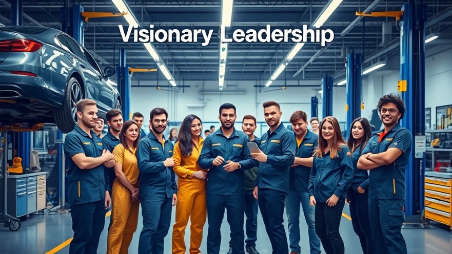 Diverse auto repair team showcasing leadership traits and innovation in a modern workshop.