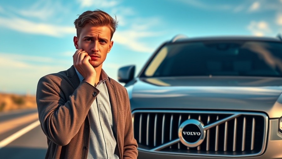 Concerned young man considers new car issues by Volvo EX90 on a clear road.