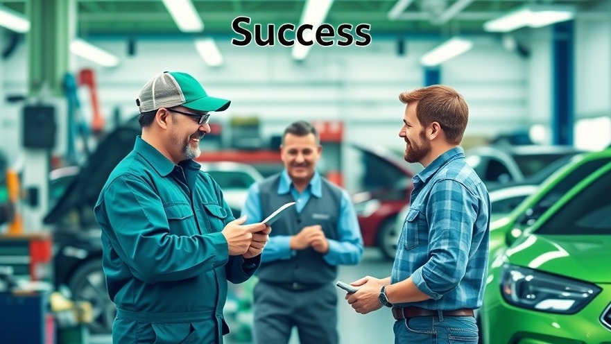 A mechanic and customer discussing solutions in a vibrant auto repair shop, showcasing brand identity.