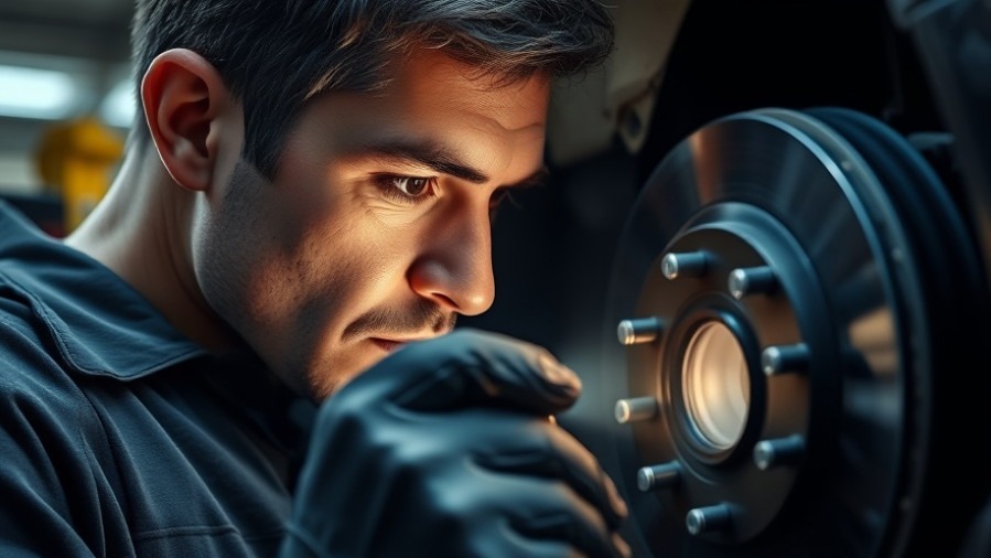 Mechanic focused on brake maintenance, inspecting a car brake disc in a garage.