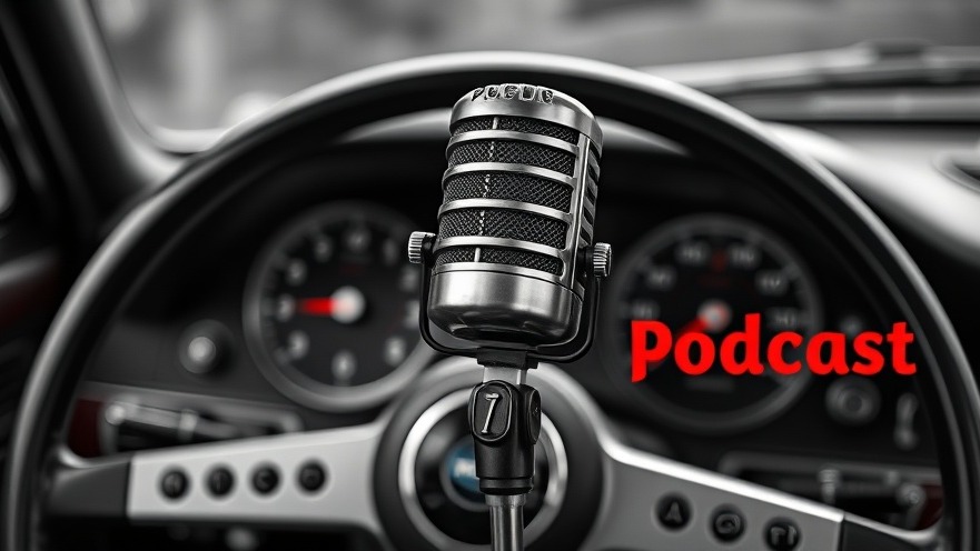 Vintage podcast microphone on stage with classic car dashboard, promoting auto repair shop subscriptions.
