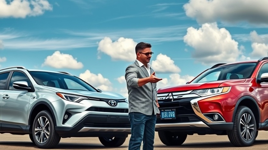Pensive man weighing car buying tips between Toyota RAV4 and Mitsubishi Outlander under a bright sky.
