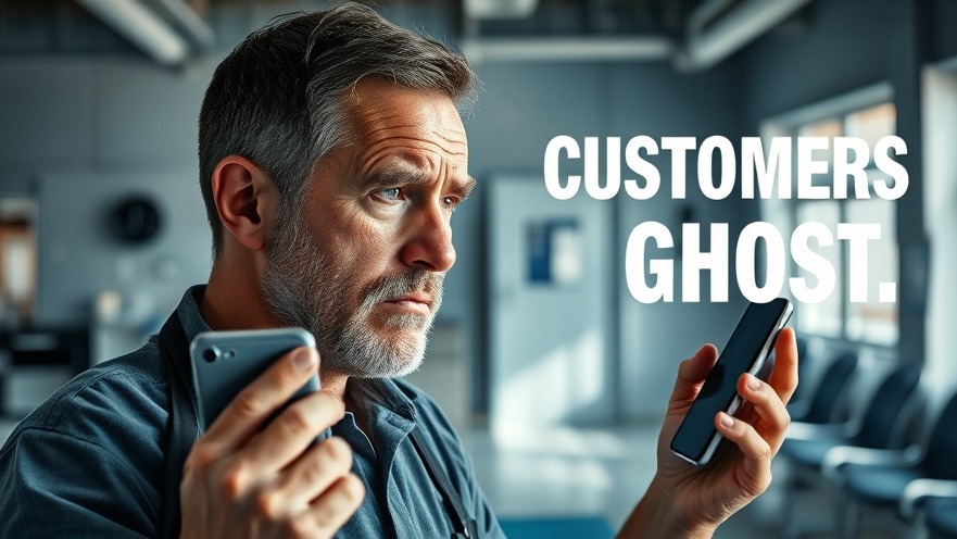 Frustrated auto repair shop owner viewing unread messages, addressing customer expectations.