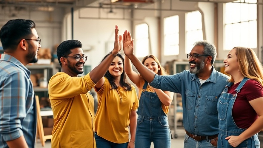 Diverse auto repair shop team joyfully celebrating with high-fives in a sunny workshop.