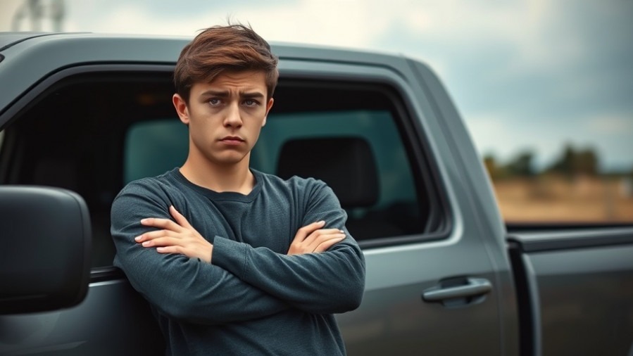 Skeptical young driver beside a Chevy truck, reflecting on transmission issues.