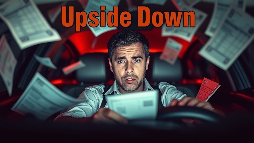 A stressed individual in a car amidst bills, depicting financial strain in car loans.