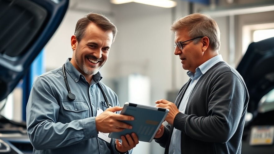 Confident auto repair advisor discussing KPIs in automotive with engaged customer.