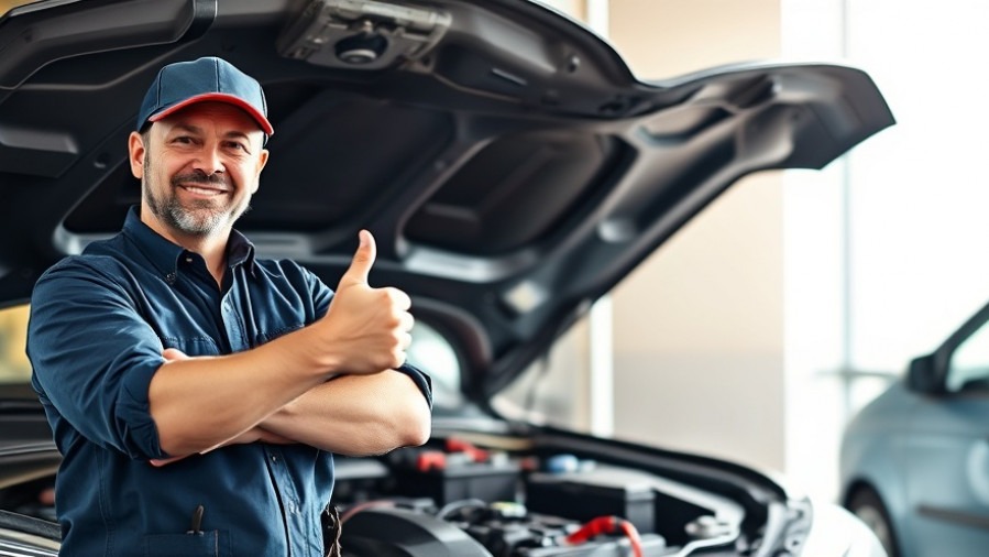 Confident mechanic giving thumbs up by car battery, emphasizing battery longevity.