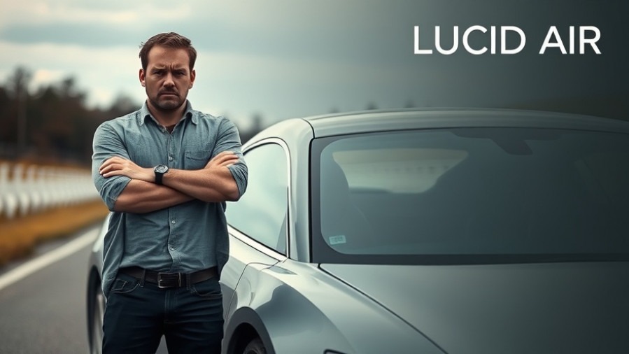 Frustrated driver next to silver Lucid Air, expressing concerns about luxury electric vehicle issues.