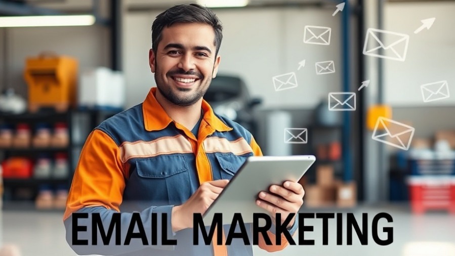 Smiling auto repair shop owner with tablet promoting email engagement for effective marketing.