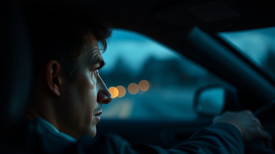 Concerned driver in dashboard glow, highlighting driving safety technology.