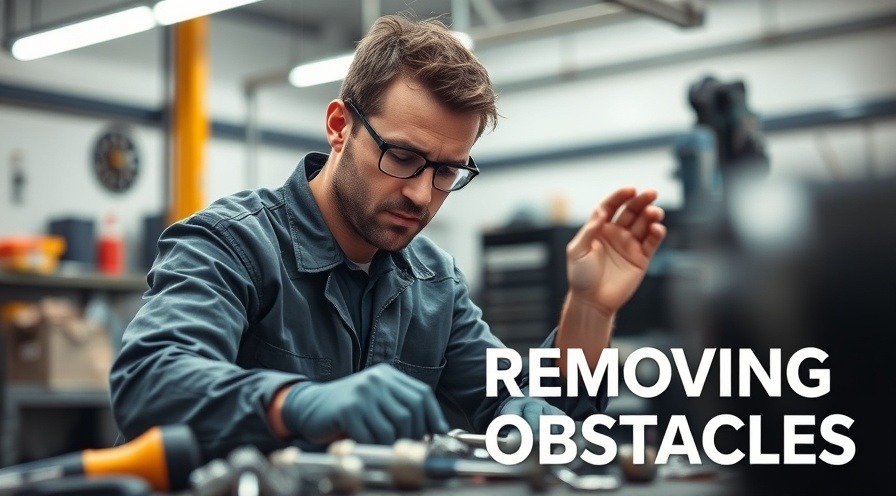 Determined auto technician enhancing shop efficiency while clearing tools.
