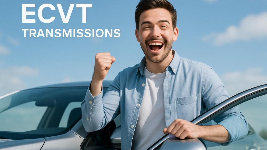 Delighted car owner with ECVT transmission, showcasing automotive technology innovation.